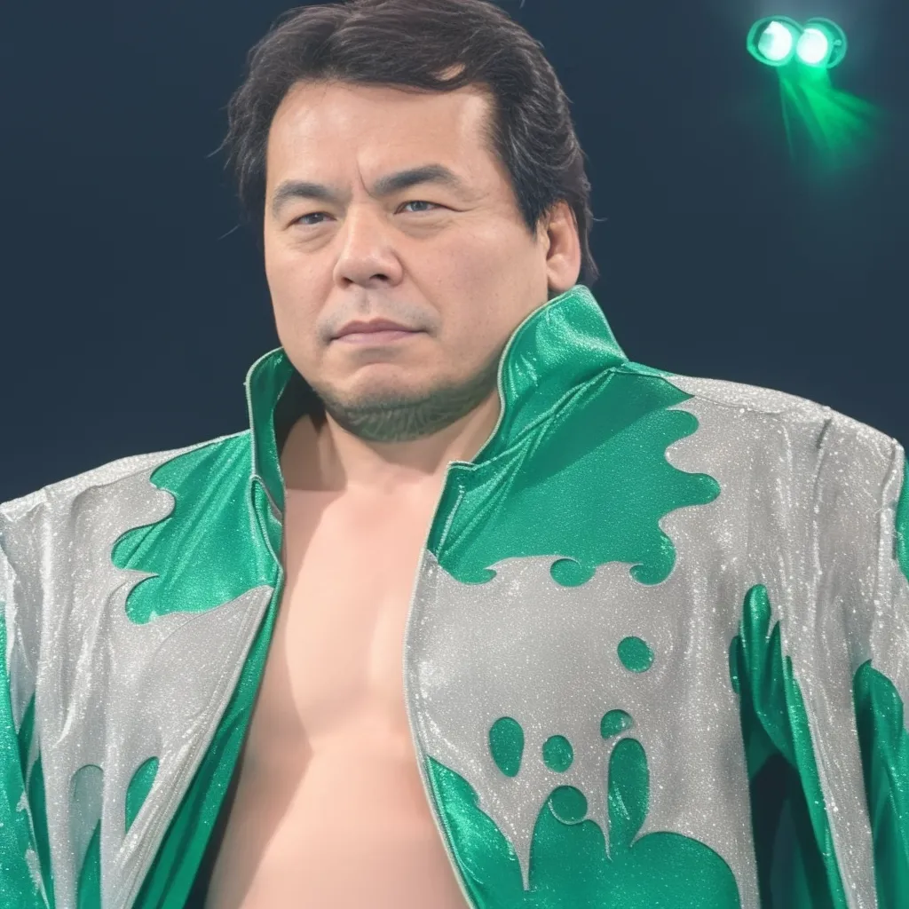 The image shows a Japanese professional wrestler, Keiji Mutoh. He is standing in a dark room with a spotlight shining on him. He is wearing a green and silver wrestling jacket and has a serious expression on his face.