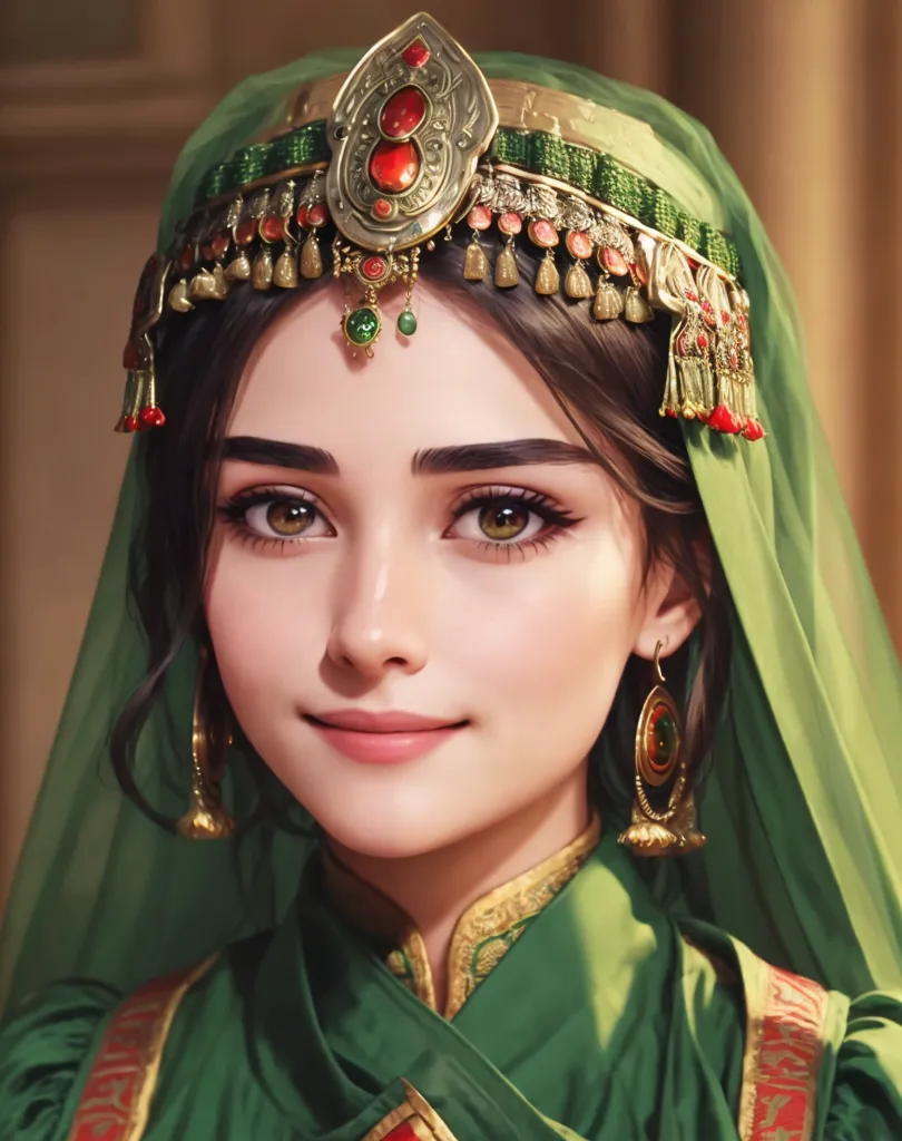 The image shows a young woman, probably a bride, wearing a green headscarf and a golden diadem with red and green gems. She has brown hair and brown eyes. She is wearing a green dress with golden and red details. She has a small smile on her face. The background is blurry, but it looks like there are some buildings in the distance.