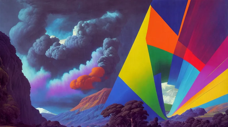 The image is divided into two parts. The left part is a realistic painting of a volcanic eruption. The volcano is spewing ash and smoke into the sky. The sky is dark and stormy. The ground is covered in lava. The right part of the image is a geometric abstraction. It is made up of brightly colored triangles and squares. The two parts of the image are connected by a large, white triangle. The white triangle seems to be pulling the geometric shapes towards the volcano.