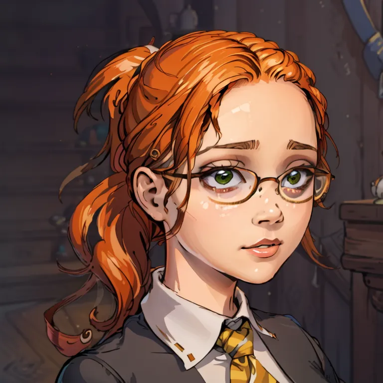 The picture shows a young woman with orange hair and green eyes. She is wearing glasses, a white blouse, and a yellow tie. The background is blurry, but it looks like there is a fireplace behind her.