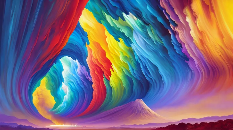 The image is a colorful abstract painting. There is a rainbow-colored vortex in the center of the painting, with a mountain in the distance. The vortex is made up of many different colors, including red, orange, yellow, green, blue, and purple. The colors are all very bright and saturated, and they create a sense of movement and energy. The mountain is dark and in shadow, and it provides a contrast to the bright colors of the vortex. The painting has a very dreamlike or ethereal quality, and it seems to capture the beauty and power of nature.