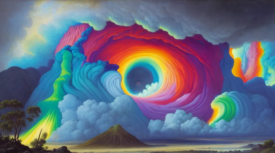 The image is a painting. It is a landscape of a rainbow-colored vortex. The vortex is in the center of the painting and is surrounded by clouds. The clouds are also rainbow-colored. There is a mountain range in the background and a tree in the foreground.