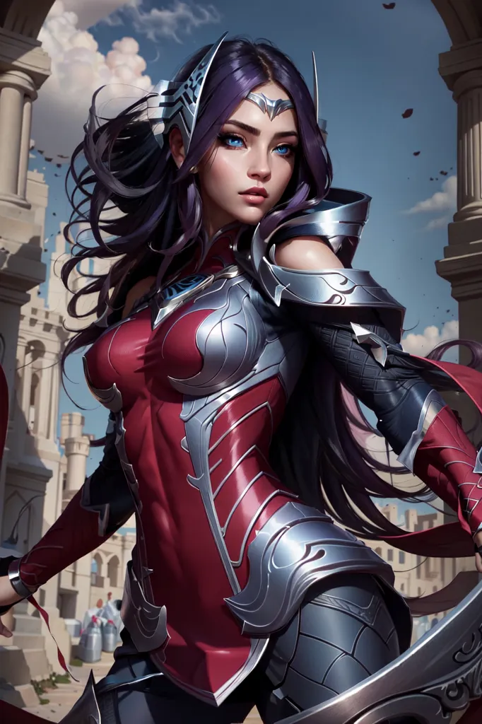 This is an image of a woman with long purple hair and blue eyes. She is wearing a red and silver armor. She is standing in a fighting stance, with her right hand holding a sword. The background is a ruined city.