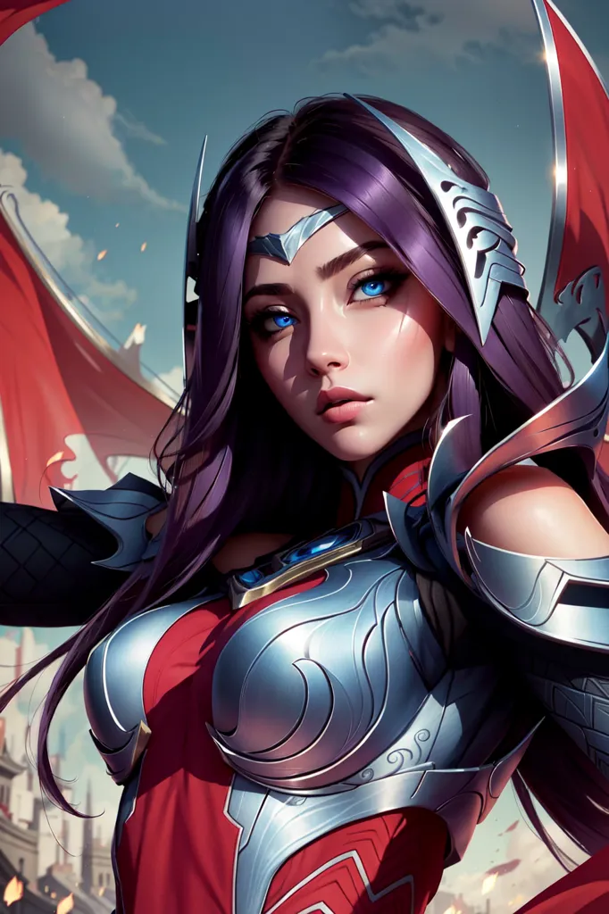 This is an image of a female warrior. She has purple hair and blue eyes. She is wearing a red and silver armor. She is holding a sword in her right hand. She is standing in a battlefield. There are two flags in the background. The sky is blue and there are some clouds in the sky.