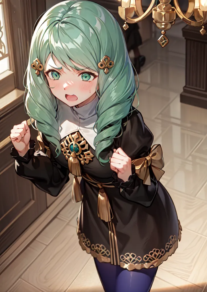 The image shows a young girl with green hair and blue eyes. She is wearing a black dress with gold trim and a white collar. She is standing in a room with a marble floor and a large chandelier. The girl is looking at something with a surprised expression on her face.