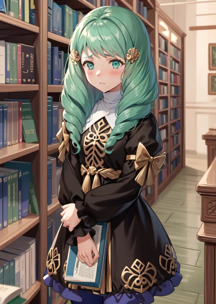 The image depicts a young woman standing in a library. She has green hair and green eyes, and is wearing a black dress with gold trim. She is holding a book in her hands. The library is full of bookshelves, and there is a large window in the background.