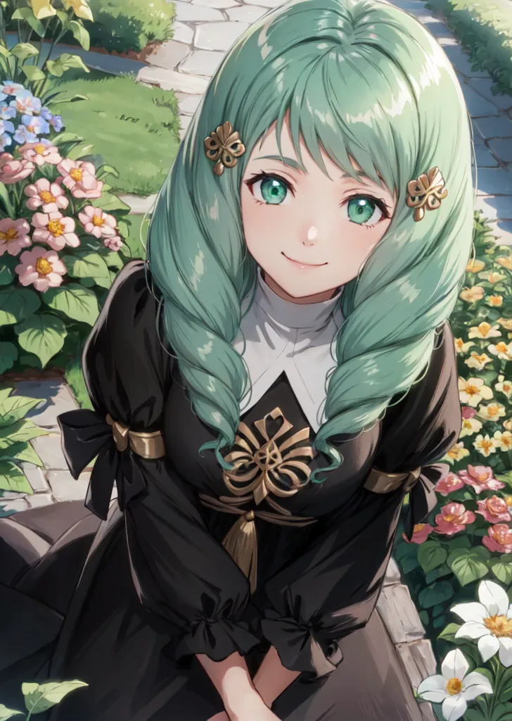 The image shows a young woman with long green hair and green eyes. She is wearing a black dress with gold trim and a white collar. There are flowers in the background and a stone path to her left. The woman is smiling and has a gentle expression on her face.