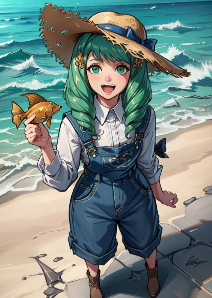 This is an image of a girl standing on a beach. She has green hair and eyes, and is wearing a straw hat, a white shirt, and blue overalls. She is holding a small fish in her hand and smiling. The ocean is behind her.