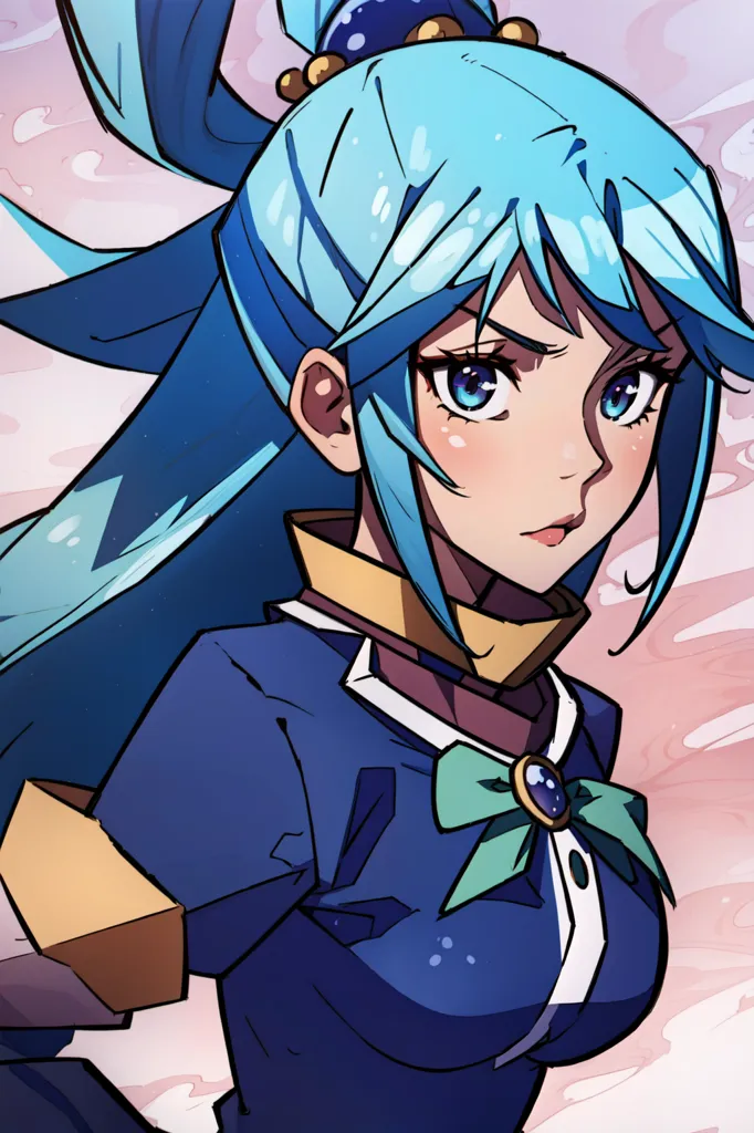 The image shows a young woman with long, blue hair and blue eyes. She is wearing a blue and white outfit with a green gem on her chest and has a serious expression on her face.