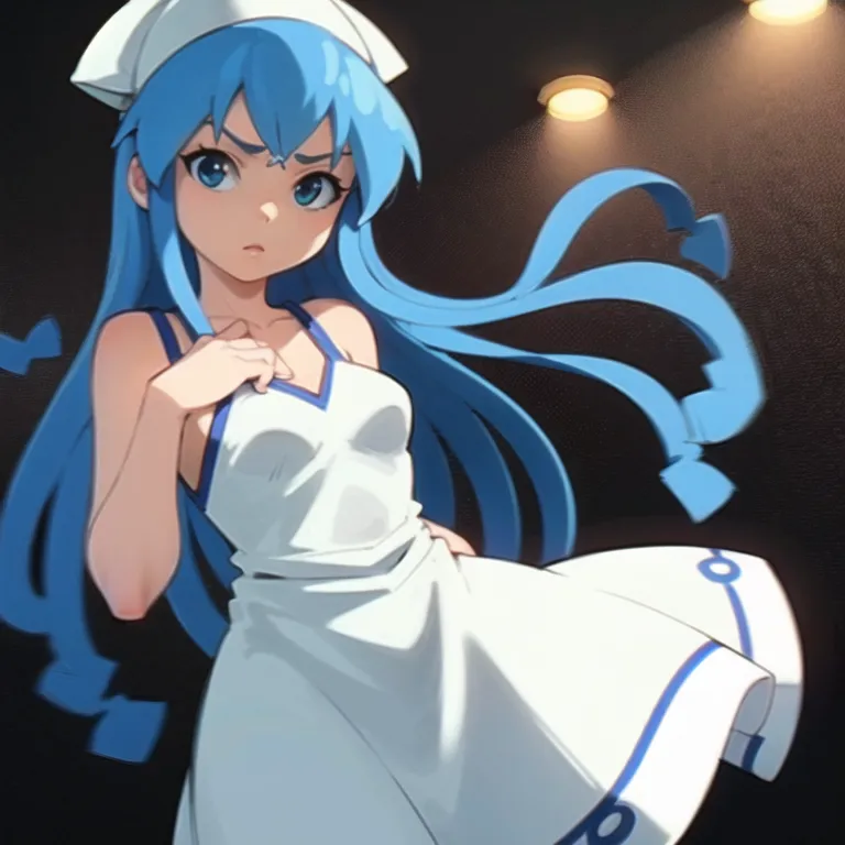 This is an image of a young girl with blue hair and blue eyes. She is wearing a white dress. She is standing in a dark room with two spotlights shining on her. She is looking at the viewer with a slightly puzzled expression on her face.