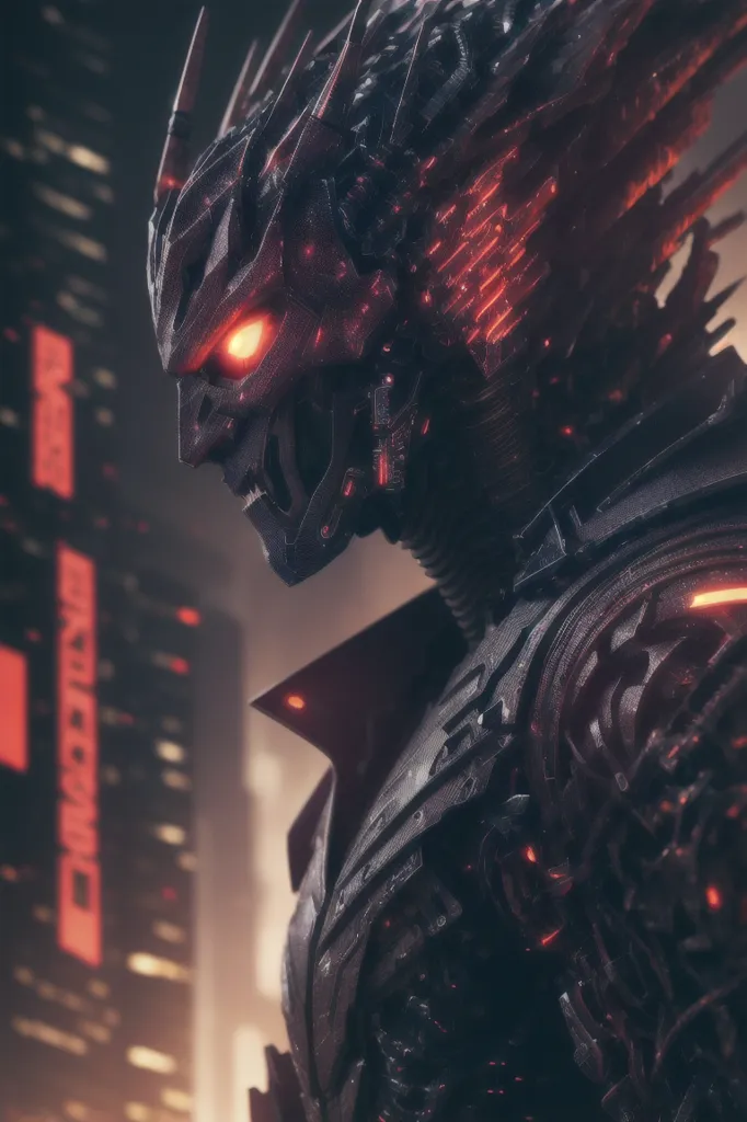 The image is a dark and detailed portrait of a cyborg. The cyborg has red glowing eyes, a metal face, and a black body. It is wearing a black suit and tie. The background is a blurred city with red lights.