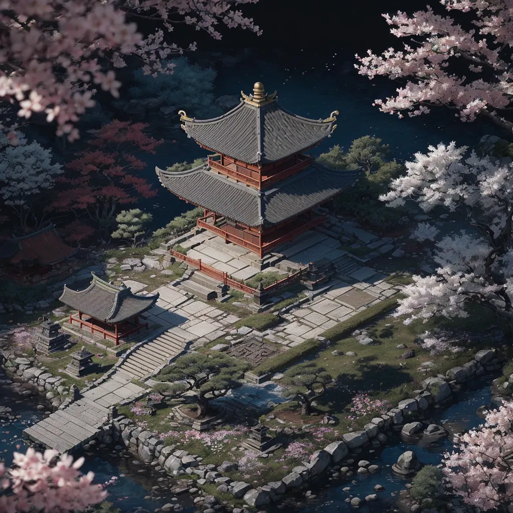 The image is a top-down view of a Japanese temple. The temple is surrounded by cherry blossom trees, which are in bloom. There is a river running through the foreground of the image, and a small bridge leading to the temple. The temple is made of wood and has a red roof. There are a number of smaller buildings surrounding the main temple. The image is set at night, and the sky is dark.