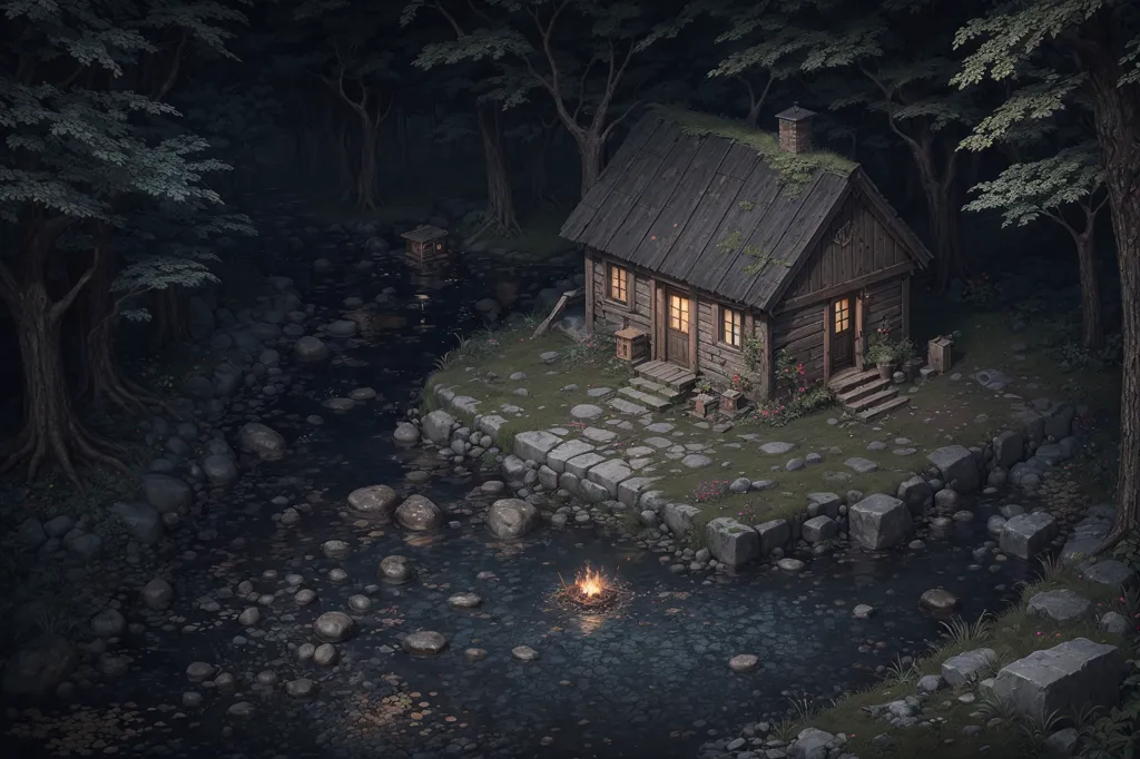 The image is a digital painting of a house in the woods. The house is made of wood and has a thatched roof. There is a cobblestone path leading up to the house. The house is surrounded by trees and shrubs. There is a river in front of the house. There is a small fire burning in front of the house. The sky is dark and there are stars in the sky. The image is in a realistic style and the colors are muted.