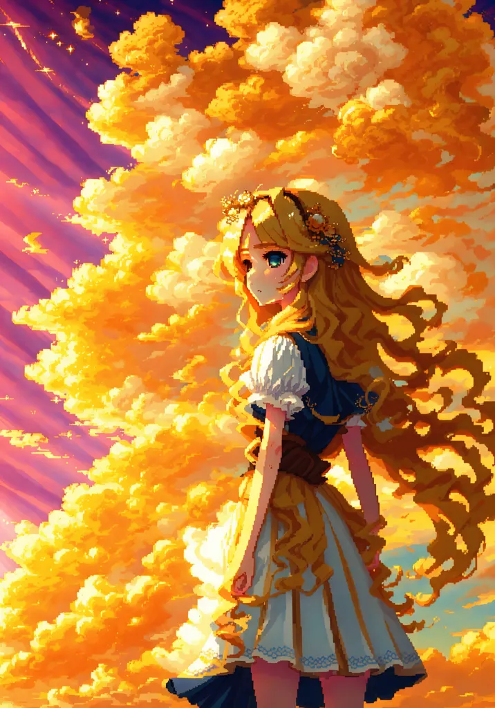 The image is a pixelated illustration of a girl standing in a field of yellow flowers. The girl is wearing a white dress with a blue sash and has long flowing blonde hair. She is looking to the right of the frame with a neutral expression on her face. The background is a gradient of orange and yellow, with white clouds dotting the sky.