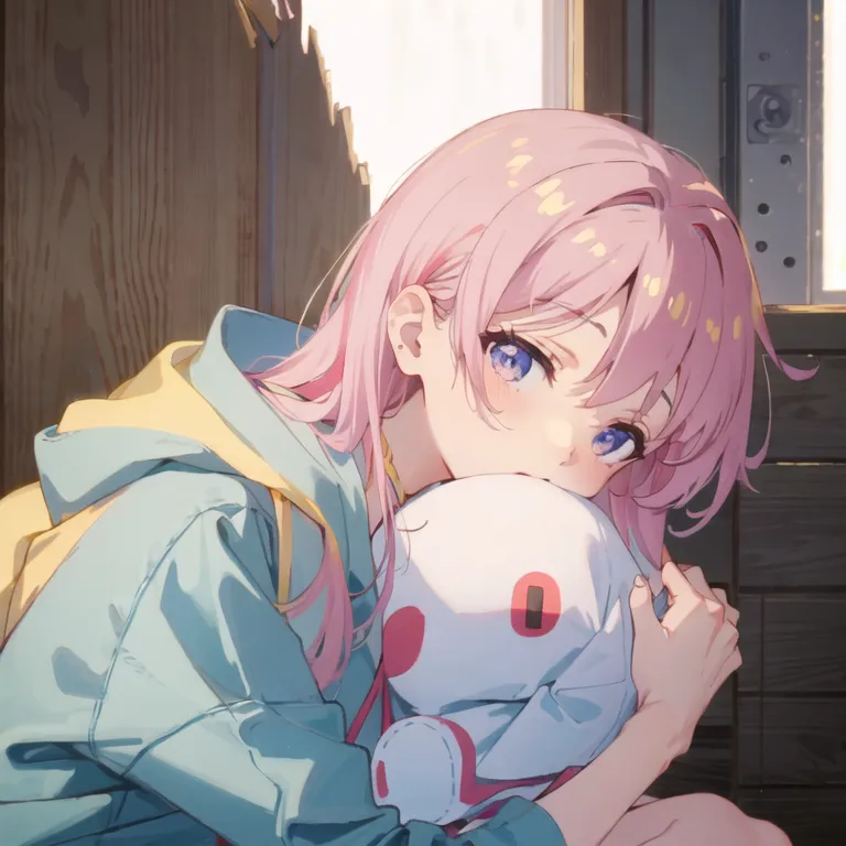 The image shows a girl with pink hair and blue eyes. She is wearing a blue hoodie. She is sitting on a wooden floor with a white stuffed animal. The background is a wall with a door. The girl is looking at the stuffed animal with a sad expression.