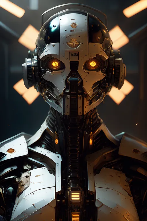 The image is a portrait of a robot. It has a white and black metal body with yellow glowing eyes. It is wearing a helmet with headphones. The robot is standing in a dark room with bright lights in the background.