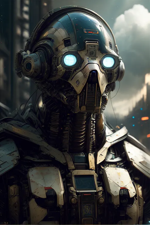 The image is a portrait of a robot. It has a metallic body with blue glowing eyes and a mouth. It is wearing a helmet with headphones and has a cord running down its neck. The background is a blurred cityscape.