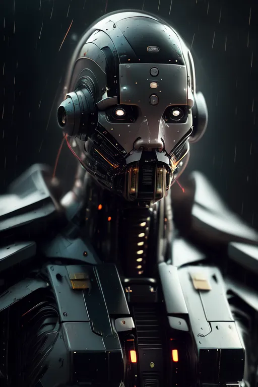 The image is a portrait of a robot with a dark, metallic body. It has a single glowing eye and a mouth that is covered by a respirator. The robot is wearing a black and gray suit of armor with orange lights on its chest. The background is dark and rainy, and the robot is illuminated by a spotlight.