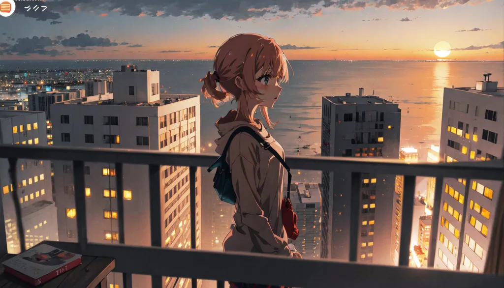 The image shows a girl standing on a rooftop overlooking the city. She is wearing a white shirt, a black skirt, and a black jacket. She has her hair tied up in a ponytail and is looking out at the view. The sun is setting in the background, casting a pink and purple glow over the city. The city is full of tall buildings and skyscrapers, and the lights from the buildings are turned on. The girl is standing by a railing, and there is a book on the ground next to her.