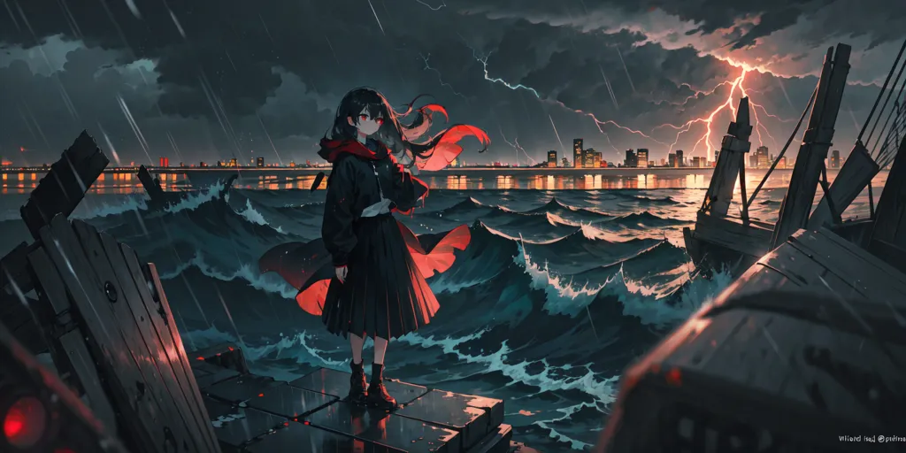 L'image représente une nuit sombre et orageuse. La mer est agitée et houleuse, et les vagues s'écrasent sur la rive. Une silhouette solitaire se tient sur une jetée, bravant la tempête. Elle porte un manteau noir et une écharpe rouge, et ses cheveux sont fouettés par le vent. Elle regarde la mer, le visage déterminé. L'image est remplie d'émotion et de drame, et elle capture la puissance et la beauté du monde naturel.