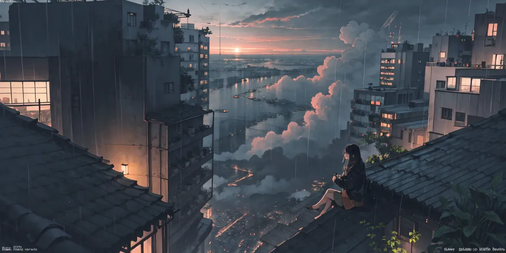 The image is a digital painting of a cityscape at night. It is raining and the streets are wet. The sky is dark and cloudy, but there is a break in the clouds where the sun is setting. The city is full of tall buildings and skyscrapers. There are lights on in the buildings and the streetlights are on. There is a girl sitting on the edge of a building. She is wearing a black skirt, a white shirt, and a black jacket. She has her hands on her phone.