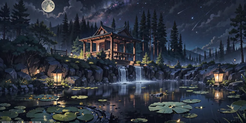 The image is a beautiful landscape of a traditional Japanese garden with a pond, a waterfall, and a pavilion. The garden is surrounded by tall pine trees and the night sky is filled with stars and a bright shining moon. The water in the pond is crystal clear and reflects the light of the moon and stars. The pavilion is made of wood and has a thatched roof. There are several stone lanterns in the garden, which are lit by candles. The overall atmosphere of the image is one of peace and tranquility.