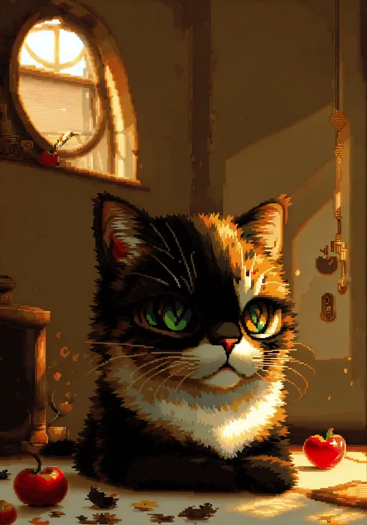 The image is a pixelated painting of a cat sitting on a table. The cat has green eyes and is looking at the viewer. There are two apples on the table. The background is a wall with a window and a door. The window is round and has a stained glass design. The door is made of wood and has a metal doorknob.