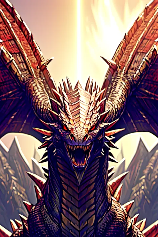 A imagem é uma pintura digital de um dragão vermelho. O dragão está em pé em um penhasco rochoso, com as asas abertas. Ele tem um corpo longo e serpentino, coberto de escamas vermelhas. Sua cabeça é grande e triangular, com um par de chifres afiados saindo do topo. Os olhos do dragão são de um vermelho profundo e penetrante, e seus dentes estão à mostra em um rosnado. O fundo da imagem é um gradiente de laranja e amarelo, com uma luz brilhante brilhando do topo.