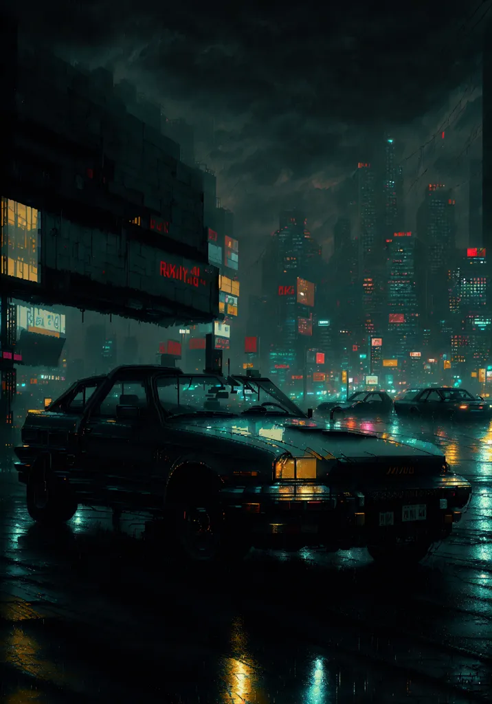 A dark blue retro car is parked on a rainy street in a cyberpunk city. The city is full of tall buildings and bright lights. The car is reflecting the lights of the city.