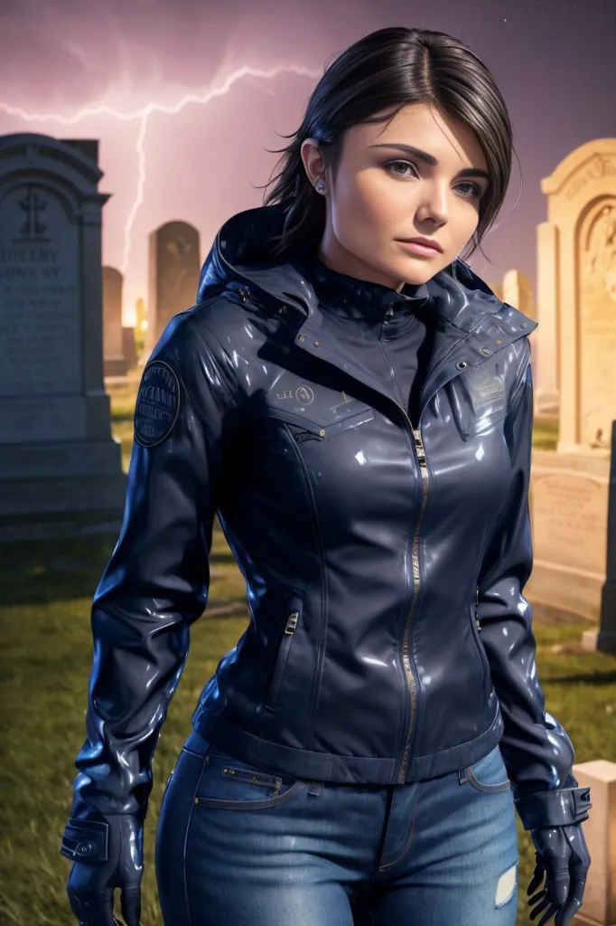 The image shows a young woman standing in a cemetery. She is wearing a blue leather jacket, blue jeans, and black gloves. She has short dark brown hair and brown eyes. She is looking at the camera with a serious expression. There is a storm in the background.