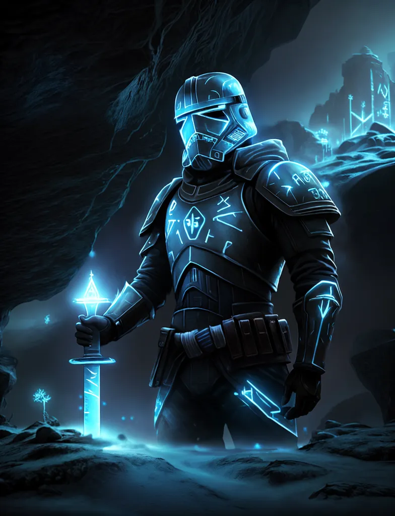 This is an image of a soldier in futuristic armor. The soldier is standing in a dark place, possibly a cave. He is wearing a helmet with a visor and has a sword in his hand. The armor is black with blue glowing lines running through it. There are also some strange symbols on the armor. The soldier looks like he is ready for battle.