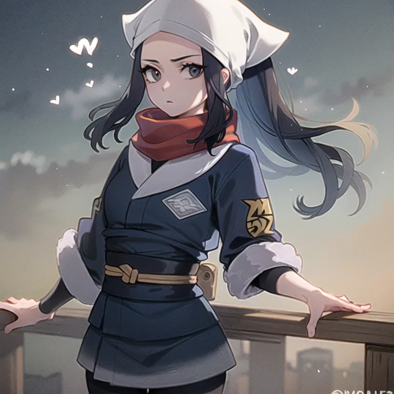 The image shows a young woman standing on a railing, looking to the left with a serious expression. She has long black hair tied in a ponytail, and is wearing a blue and white outfit with a red scarf. The background is a blurred cityscape at night.