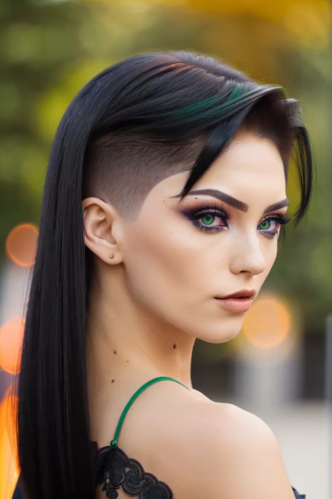 The picture shows a young woman with long black hair. The hair is cut short at the back of her head and green near the front. She is wearing a black dress with lace straps. The woman has green eyes and is looking at the camera with a serious expression. She is wearing light makeup.