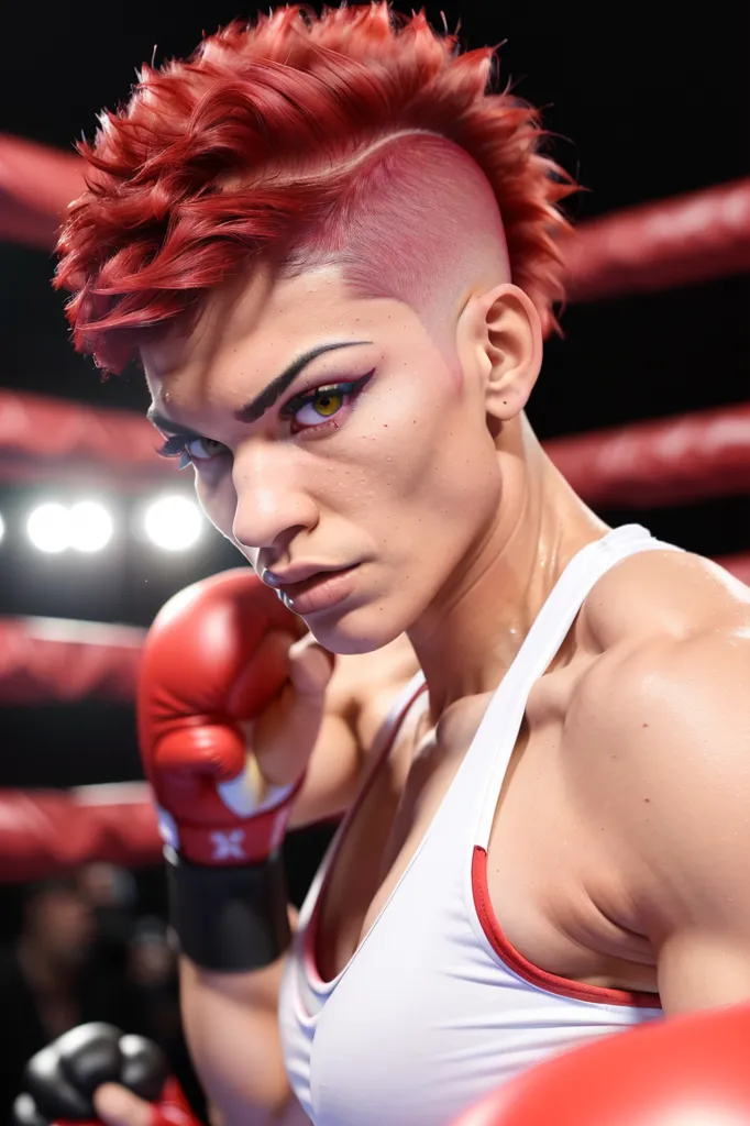 The image shows a young woman with short red hair and green eyes. She is wearing a white tank top and red boxing gloves. She is standing in a boxing ring with her fists up, ready to fight. The background is a blurred out image of a boxing ring with spectators in the stands.