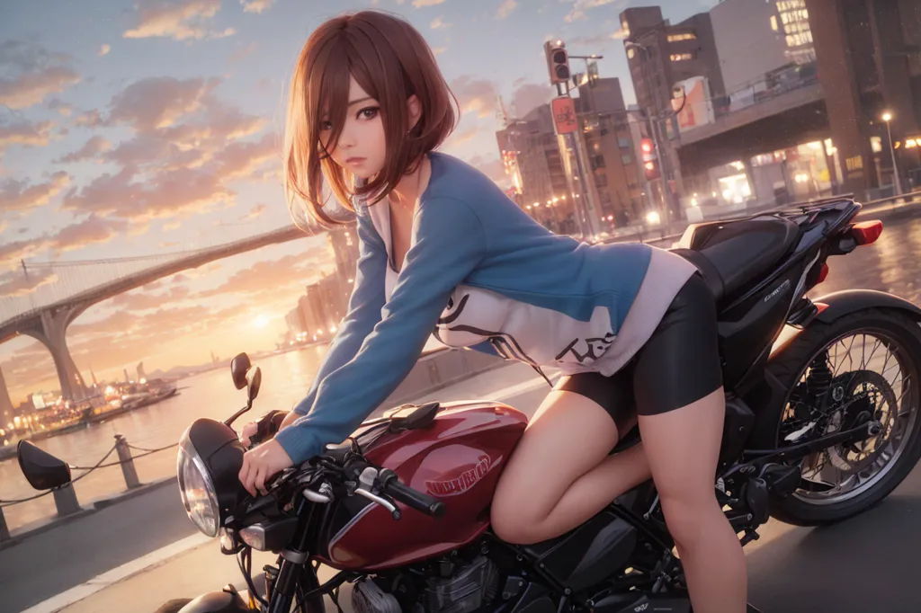 This is an image of a young woman sitting on a red motorcycle. She is wearing a blue sweater and black shorts. Her hair is short and brown. She is looking at the camera with a serious expression. The motorcycle is parked on a bridge. There is a city in the background. The sky is orange and the sun is setting.