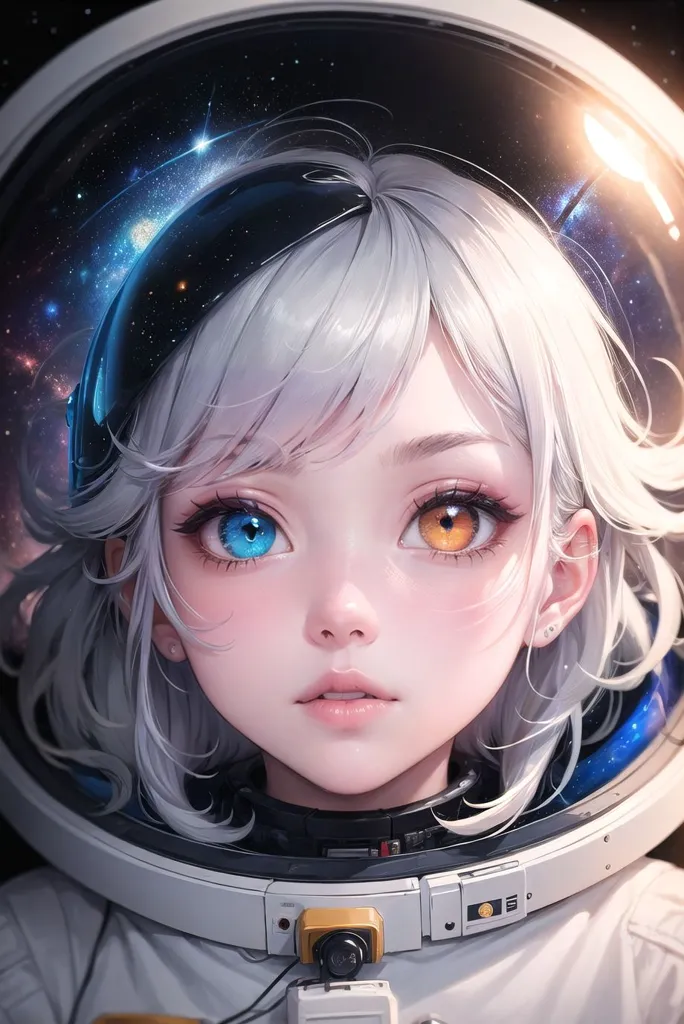 The image is a painting of a young girl in a spacesuit with her helmet on. She has one blue eye and one gold eye, and her hair is white. She is looking at the viewer with a serious expression. The background is a starry night sky.