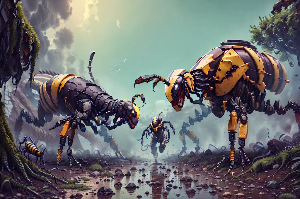 The image depicts a post-apocalyptic world where giant robotic insects roam the Earth. The giant insects are made of scrap metal and other debris, and they have glowing red eyes and sharp pincers. The insects are fighting each other for survival, and the ground is littered with their remains. The sky is dark and cloudy, and the atmosphere is one of hopelessness and despair.