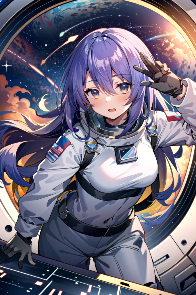 Esta é uma imagem de uma garota de anime em um traje espacial. Ela tem cabelos roxos e olhos amarelos. Ela está em pé em uma nave espacial, e há um planeta ao fundo. Ela está sorrindo e acenando.