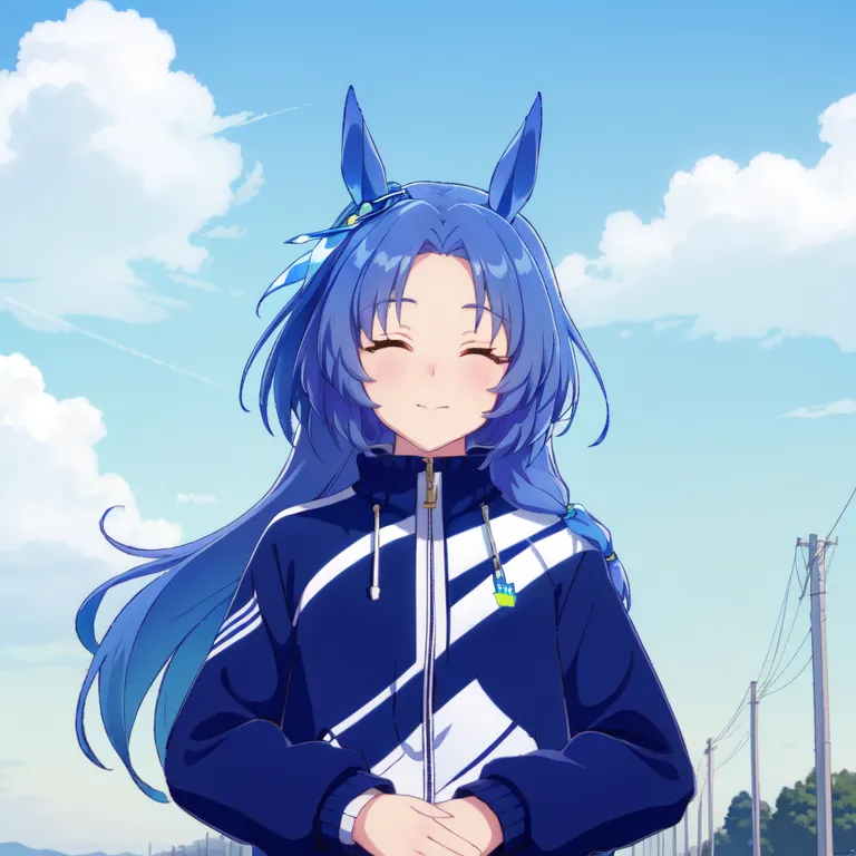 This is an image of a young girl with long blue hair and rabbit ears. She is wearing a blue tracksuit with white stripes on the sleeves. The girl has a gentle smile on her face and her eyes are closed. She is standing in a field of grass with a blue sky and white clouds in the background.