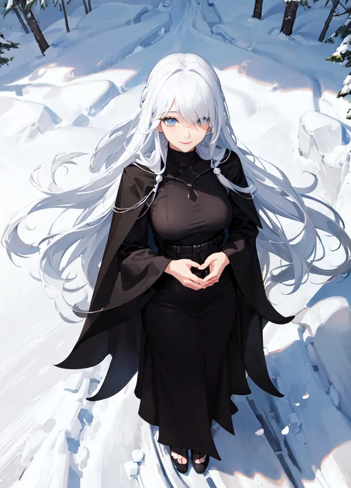 The image is a painting of a young woman with long white hair and blue eyes. She is wearing a black dress with a white collar. She is standing in a snowy forest, and there are trees in the background. The woman is smiling and has her hands clasped in front of her chest.