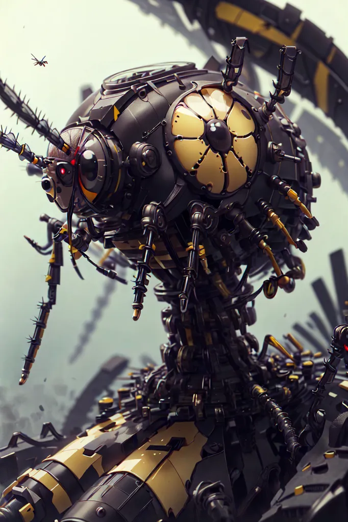 The image is a digital painting of a steampunk wasp. The wasp is mostly black and yellow with some red details. It has a large head with a round, yellow abdomen. Its wings are made of metal and it has a long, segmented tail. The wasp is standing on a pile of scrap metal. There is a small, red insect flying in the background.