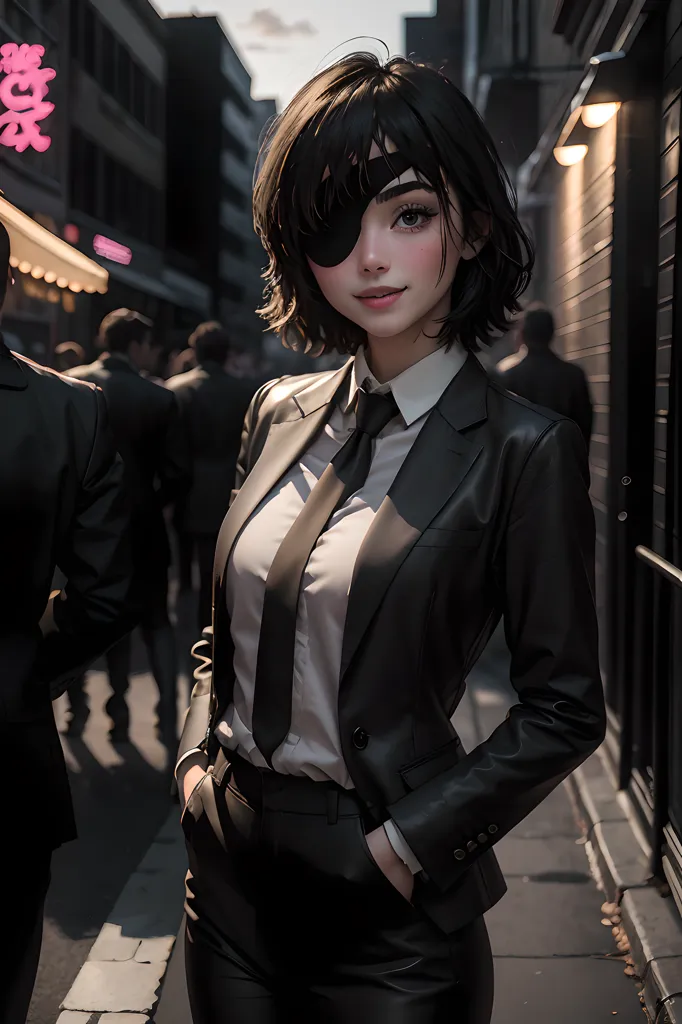 The image shows a young woman with short black hair and an eyepatch over her right eye. She is wearing a white dress shirt, black suit jacket and pants, and a black tie. She is standing in a dark alleyway with her hands in her pockets. There are people walking in the background.