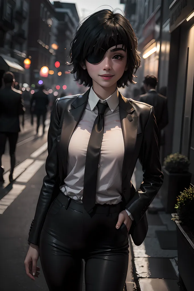 The image is of a young woman with short black hair and an eye patch over her right eye. She is wearing a white shirt, black suit jacket and pants, and a black tie. She is standing in a city street with blurred people walking in the background.