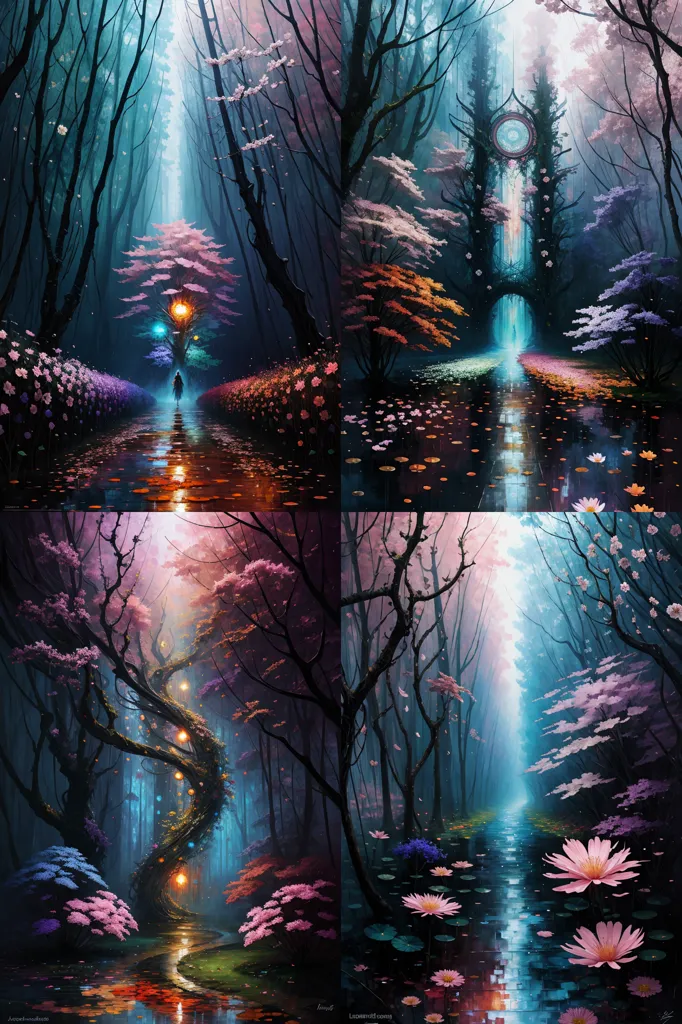 The image is a beautiful depiction of a forest with a river running through it. The forest is filled with tall trees, and the river is surrounded by lush vegetation. In the first panel, a figure is walking through the forest, and in the second panel, there is a bridge over the river. In the third panel, there is a waterfall, and in the fourth panel, there are lily pads in the river. The forest is depicted in different seasons, with the first panel showing spring, the second panel showing summer, the third panel showing autumn, and the fourth panel showing winter.