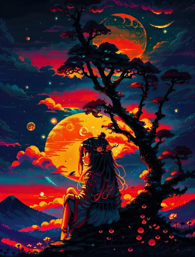 L'image est une illustration pixélisée d'une fille assise sur un rocher devant un arbre. Le ciel est sombre et il y a de nombreuses étoiles et lunes dans le ciel. La fille porte une robe bleue et a de longs cheveux bruns. L'arbre est grand et a de nombreuses branches. Le rocher se trouve devant une chaîne de montagnes. L'image est très colorée et très détaillée.