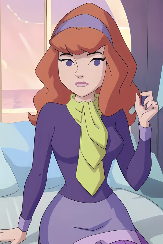 The image shows a young woman with long red hair. She is wearing a purple shirt with a yellow scarf and a purple skirt. She is sitting on a couch and looking at the viewer with a serious expression. She has purple eyeshadow and a light purple headband.