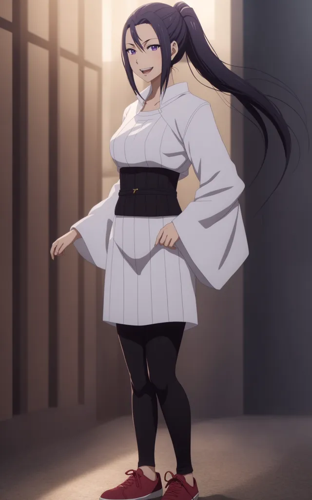 The image shows a young woman with long black hair and purple eyes. She is wearing a white kimono-style dress with a black obi sash and black leggings. She is also wearing red sneakers. She has a confident smile on her face and is standing with her feet shoulder-width apart. She is in an empty hallway with wooden walls and white trim on the walls.