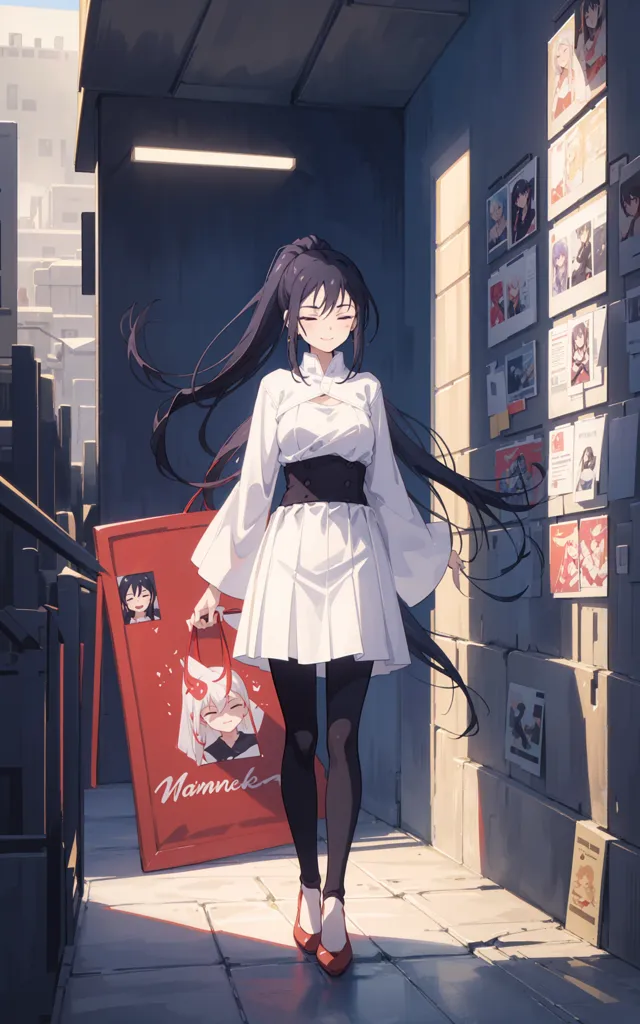 The image shows an anime-style girl with long black hair, red eyes, and a white dress with a red sash. She is carrying a red sign with a picture of a girl with red hair and fox ears on it. The girl is standing in a street with buildings on either side. The buildings are covered in posters. The girl is smiling and has her eyes closed.