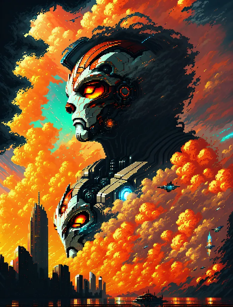 The image is a pixelated illustration of a robot head in the clouds. The robot head is in the center of the image and is looking down at the city below. The city is made up of tall buildings and is covered in a thick layer of clouds. The sky is orange and there are some clouds in the background. There are also some spaceships flying in the sky. The image is very detailed and has a lot of vibrant colors.