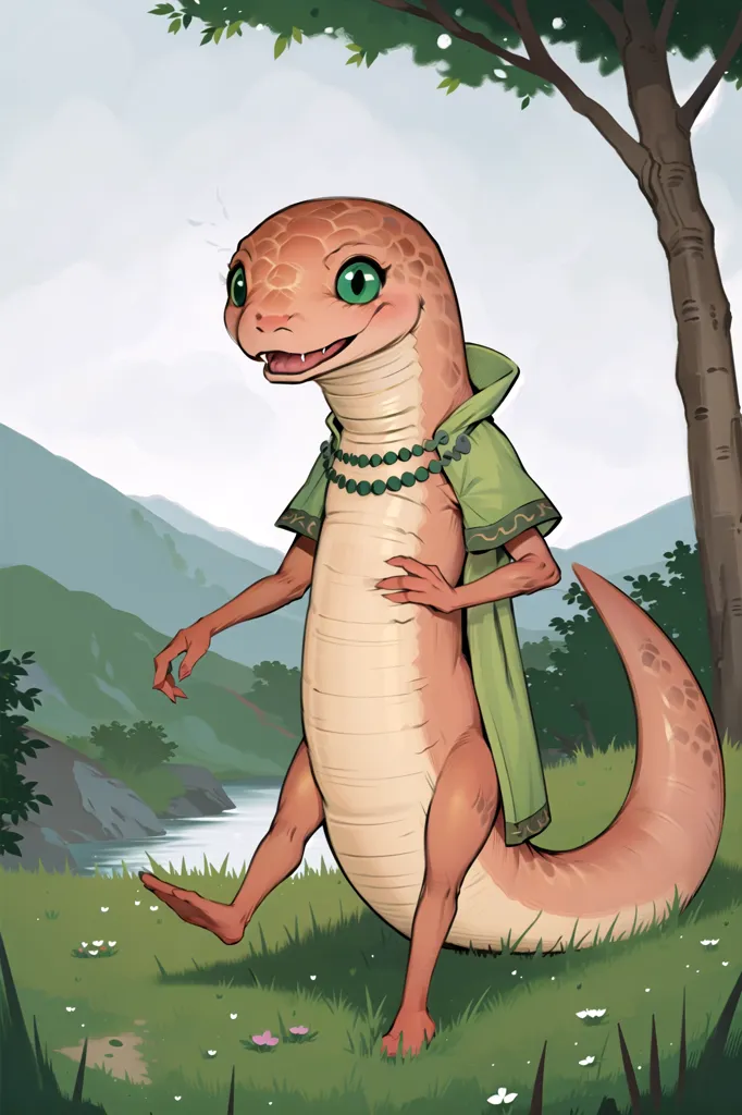 The image shows a small, bipedal, reptilian creature with brown scales and green eyes. It is wearing a green cloak and has a string of beads around its neck. It is standing on a grassy plain, with a river and mountains in the background. The creature is smiling and has a friendly expression on its face.